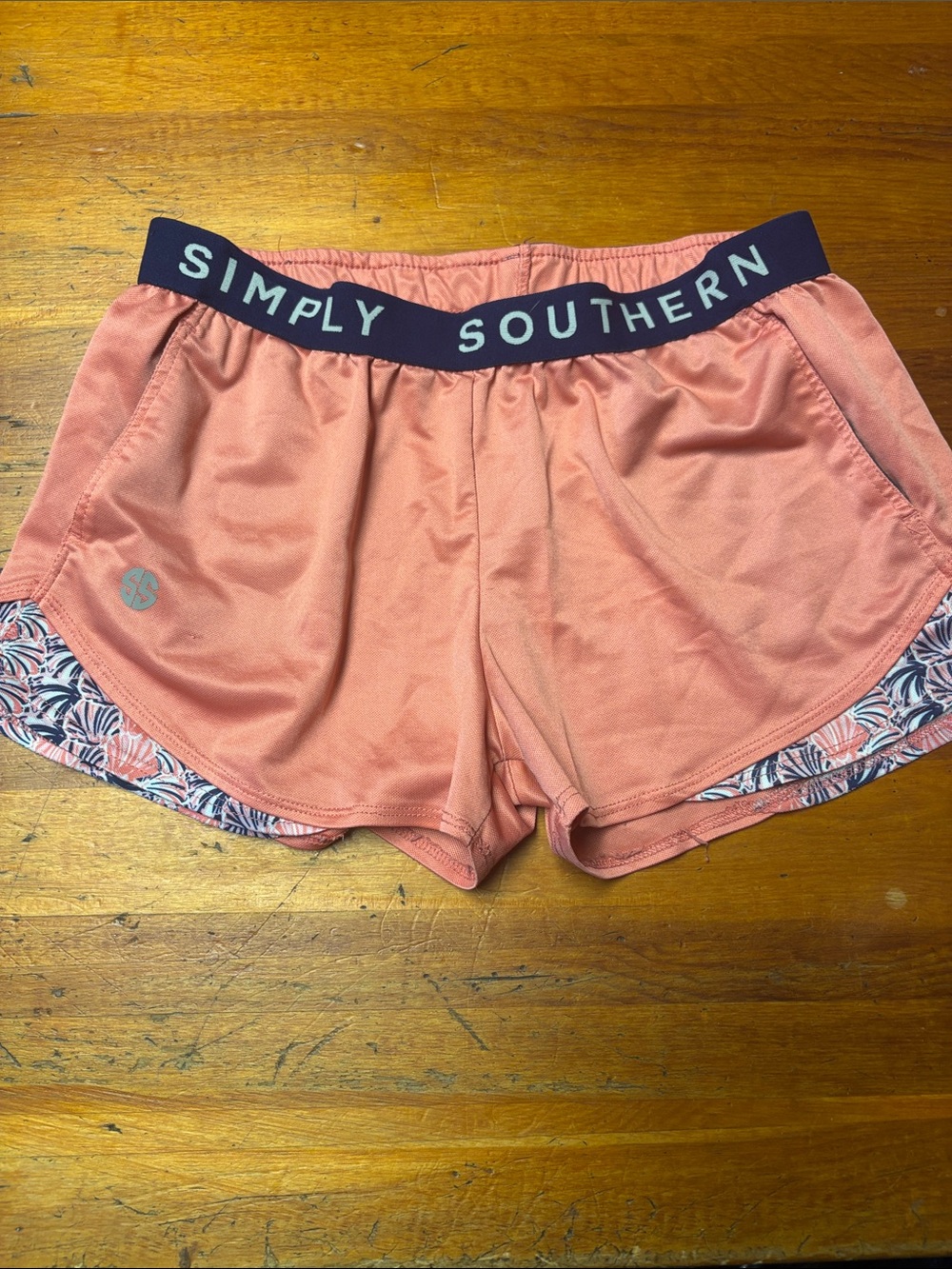 Simply Southern Coral Pink Athletic Shorts with Navy Waistband